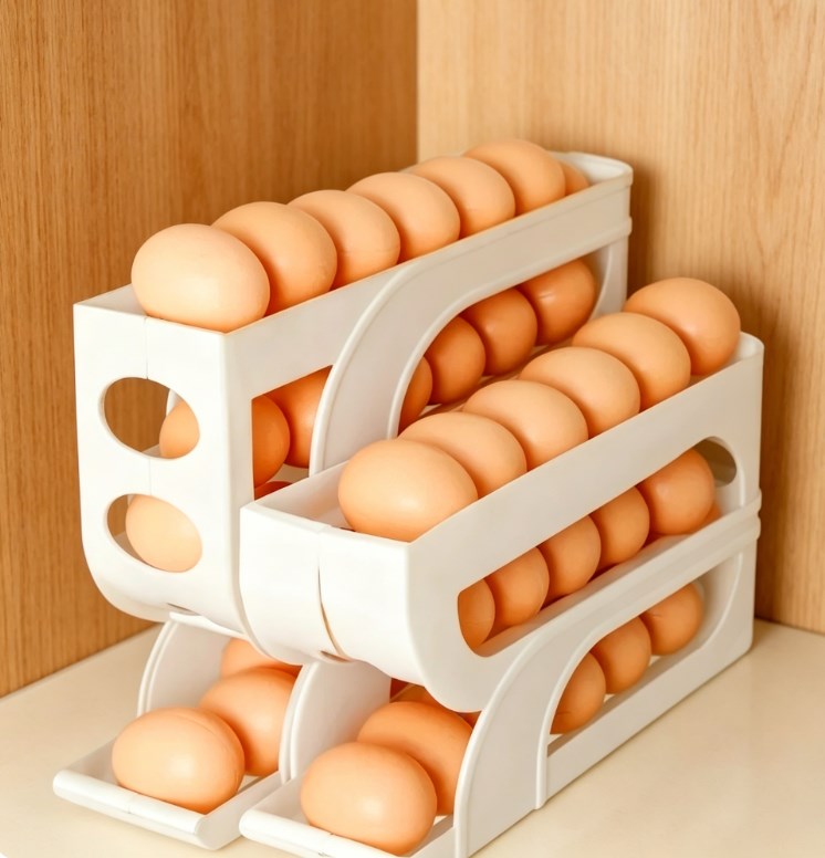 3-Tier Rolling Egg Dispenser for Refrigerator | Gravity-Fed Automatic Egg Storage Organizer | Space-Saving Egg Holder for Fridge Side Door (Holds 30 Eggs)