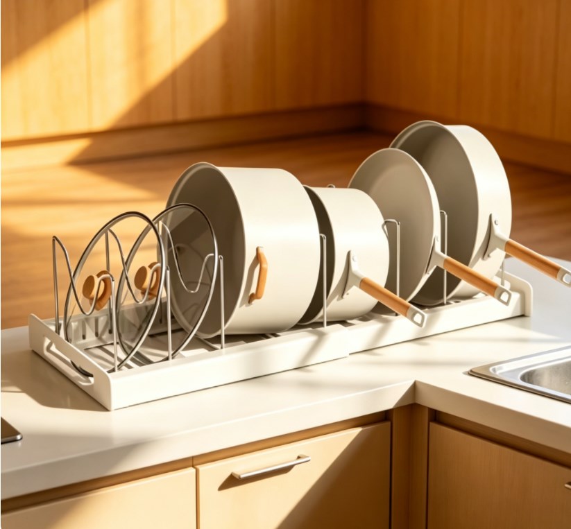 Expandable Pot and Pan Organizer Rack for Cabinet - Adjustable Kitchen Cookware Storage with 6 Compartments - Heavy-Duty Pot Lid & Dish Holder