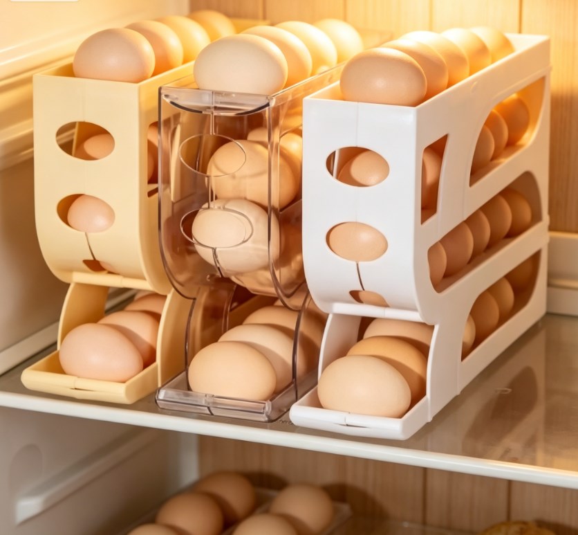 3-Tier Rolling Egg Dispenser for Refrigerator | Gravity-Fed Automatic Egg Storage Organizer | Space-Saving Egg Holder for Fridge Side Door (Holds 30 Eggs)