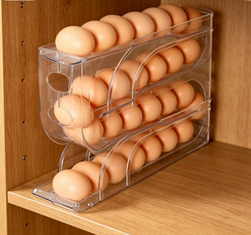 3-Tier Rolling Egg Dispenser for Refrigerator | Gravity-Fed Automatic Egg Storage Organizer | Space-Saving Egg Holder for Fridge Side Door (Holds 30 Eggs)