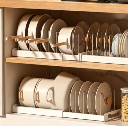 Expandable Pot and Pan Organizer Rack for Cabinet - Adjustable Kitchen Cookware Storage with 6 Compartments - Heavy-Duty Pot Lid & Dish Holder