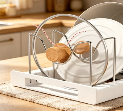 Expandable Pot and Pan Organizer Rack for Cabinet - Adjustable Kitchen Cookware Storage with 6 Compartments - Heavy-Duty Pot Lid & Dish Holder
