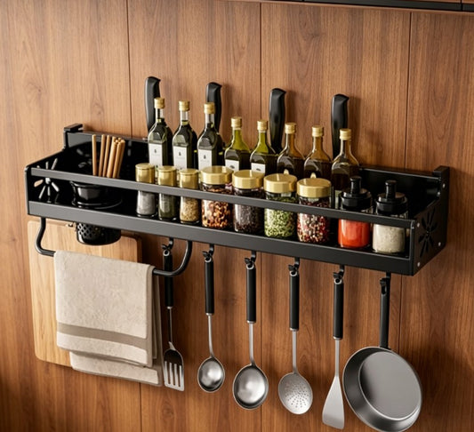 Large Capacity Metal Kitchen Utensil Holder – Skeletonized Drainage Wall Shelf – Easy-to-Clean No-Drill Storage Rack for Modern Kitchen Organization