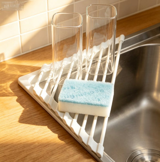 Triangle Roll-Up Dish Drying Rack | Foldable Stainless Steel Corner Sink Drainer | Heat-Resistant Multipurpose Trivet & Sponge Organizer
